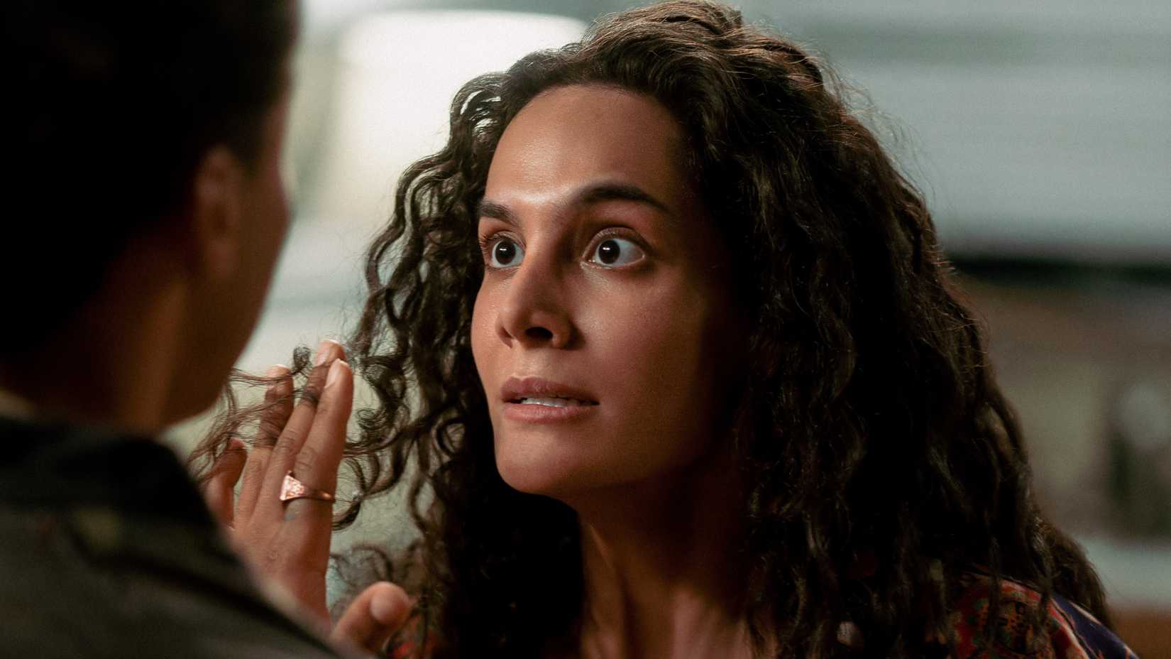 pegah ghafoori as fatima looking alarmed in from