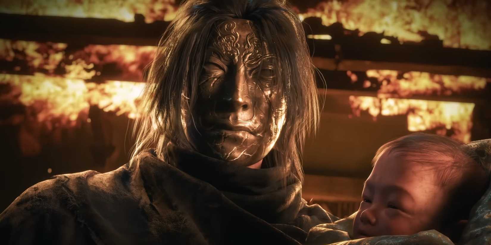 A masked person from Phantom Blade Zero carries a baby, while flames blaze behind them.