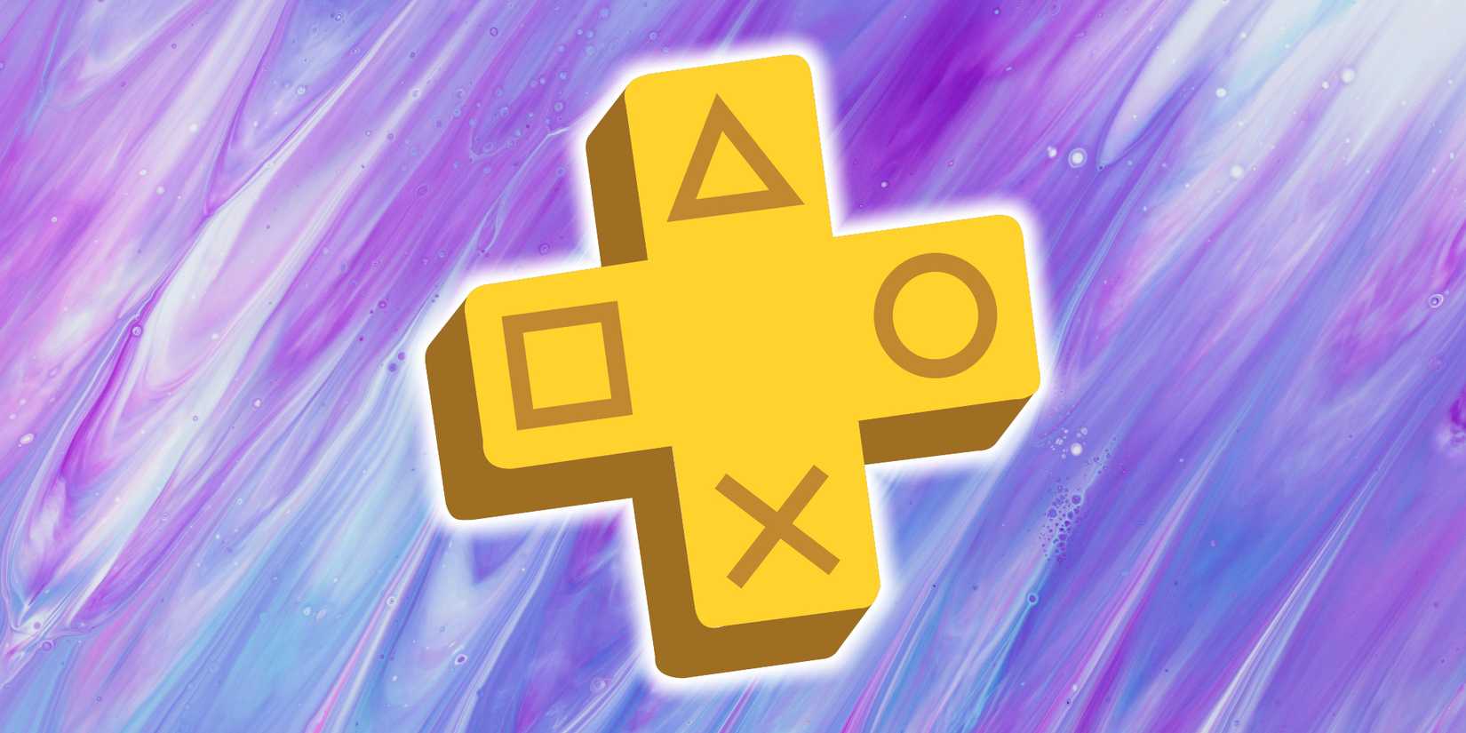 The PlayStation Plus logo is superimposed over a blue and purple background.