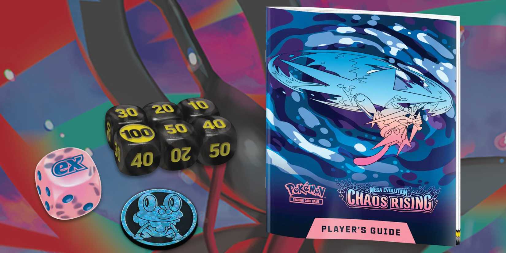 Pokemon TCG Chaos Rising ETB booklet, dice, and coin