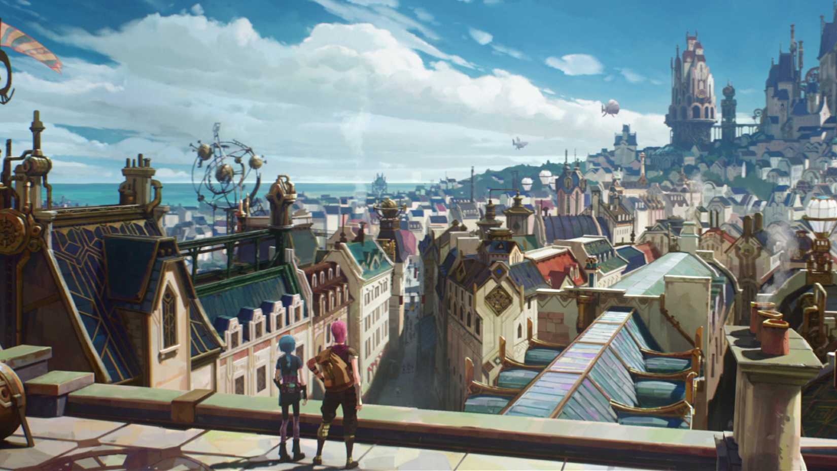 Powder and Vi looking at Piltover in Arcane season 1
