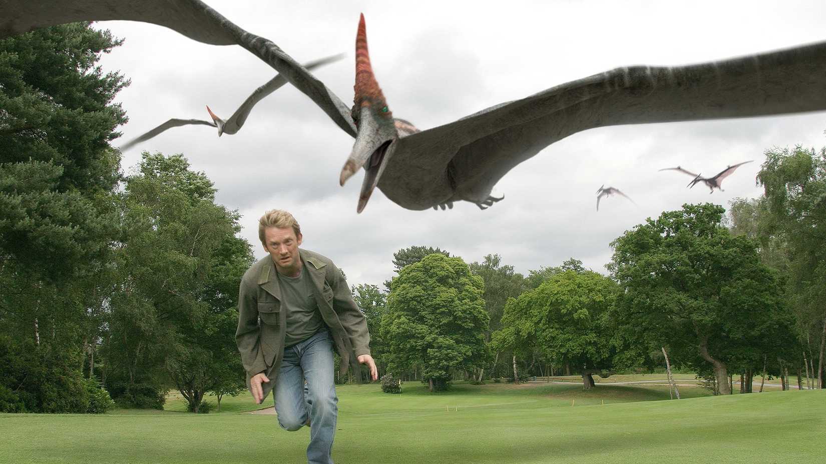 Douglas Henshall as Nick Cutter running from a pterodactyl in Primeval.