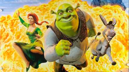 Princess Fiona, Shrek, and Donkey leaping toward the screen from an explosion in Shrek (2001)
