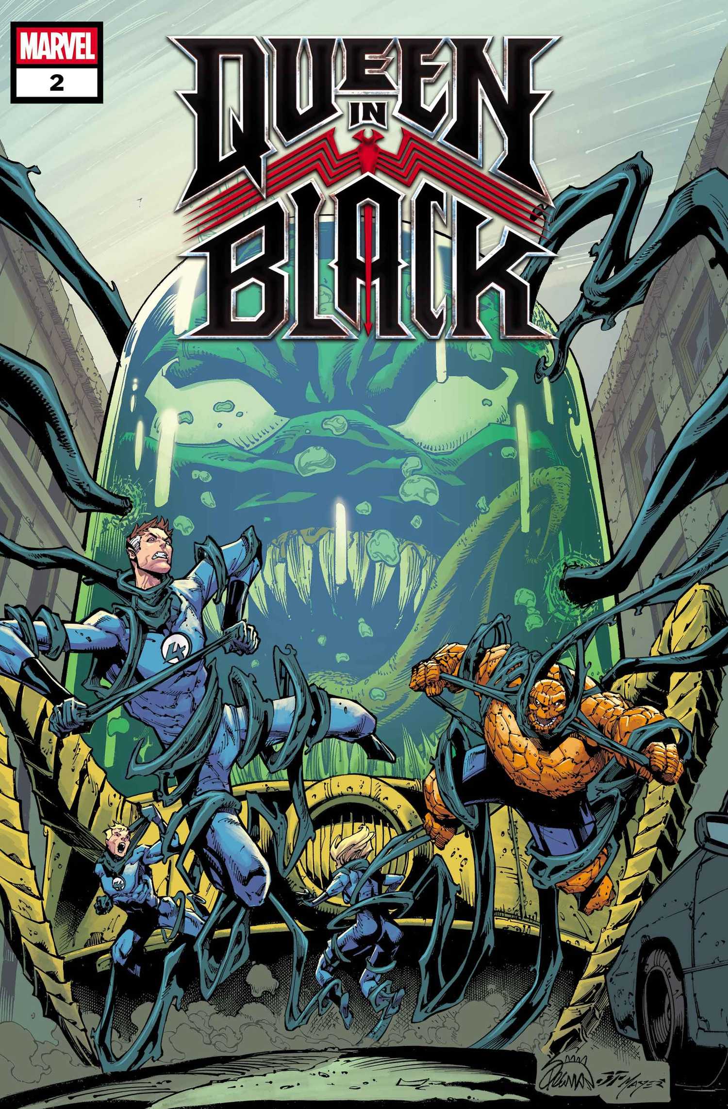 queen in black 2 cover showing a venom supreme intelligence vs the fantastic four
