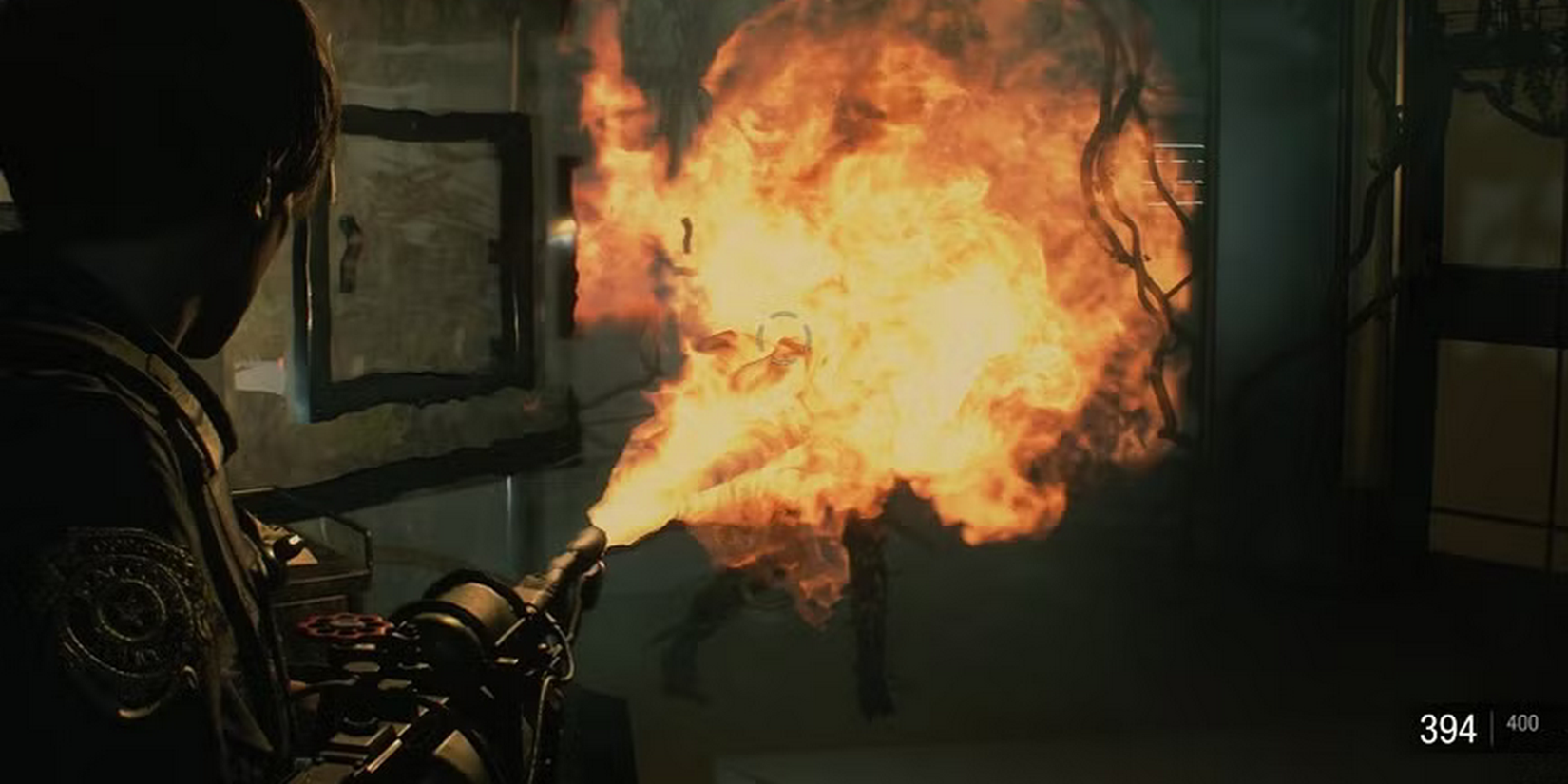 Resident Evil 2 remake Leon Holding Flamethrower