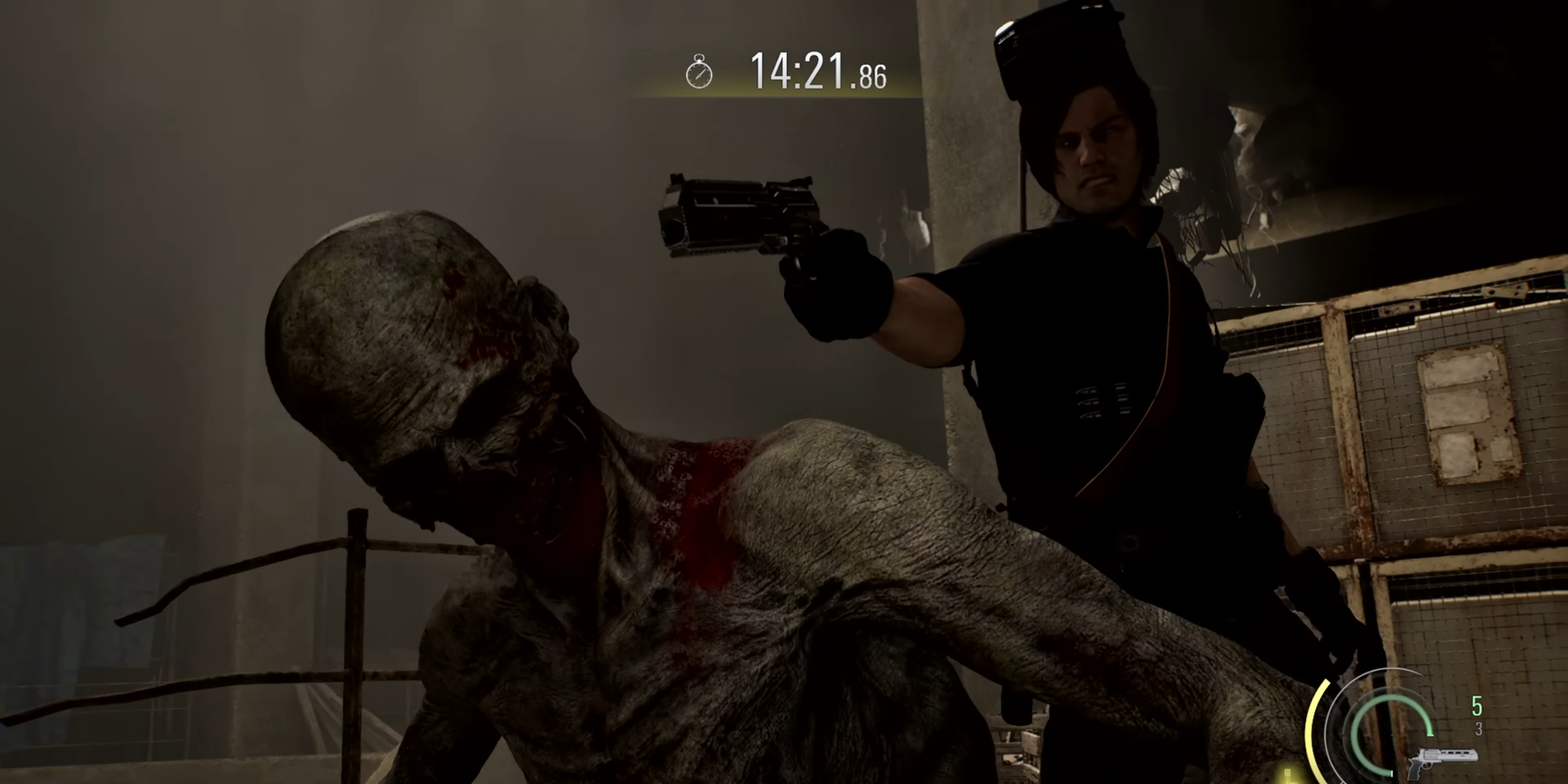 Resident Evil Requiem Leon wearing a hat and executing a zombie