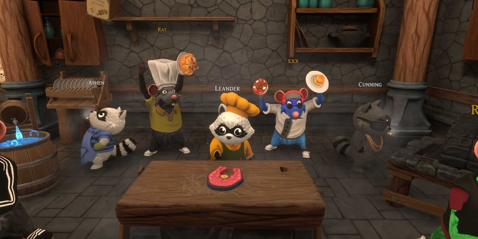 Characters are assembled in a kitchen in Restaurats.