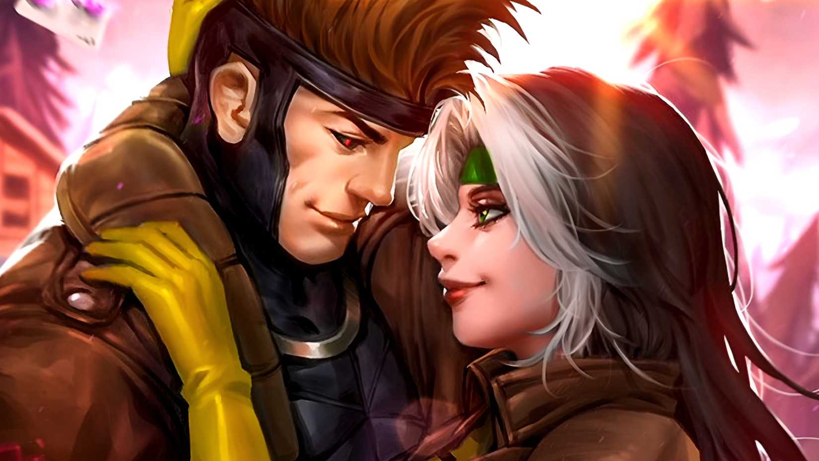 Rogue and Gambit hug each other lovingly in X-Men Marvel art