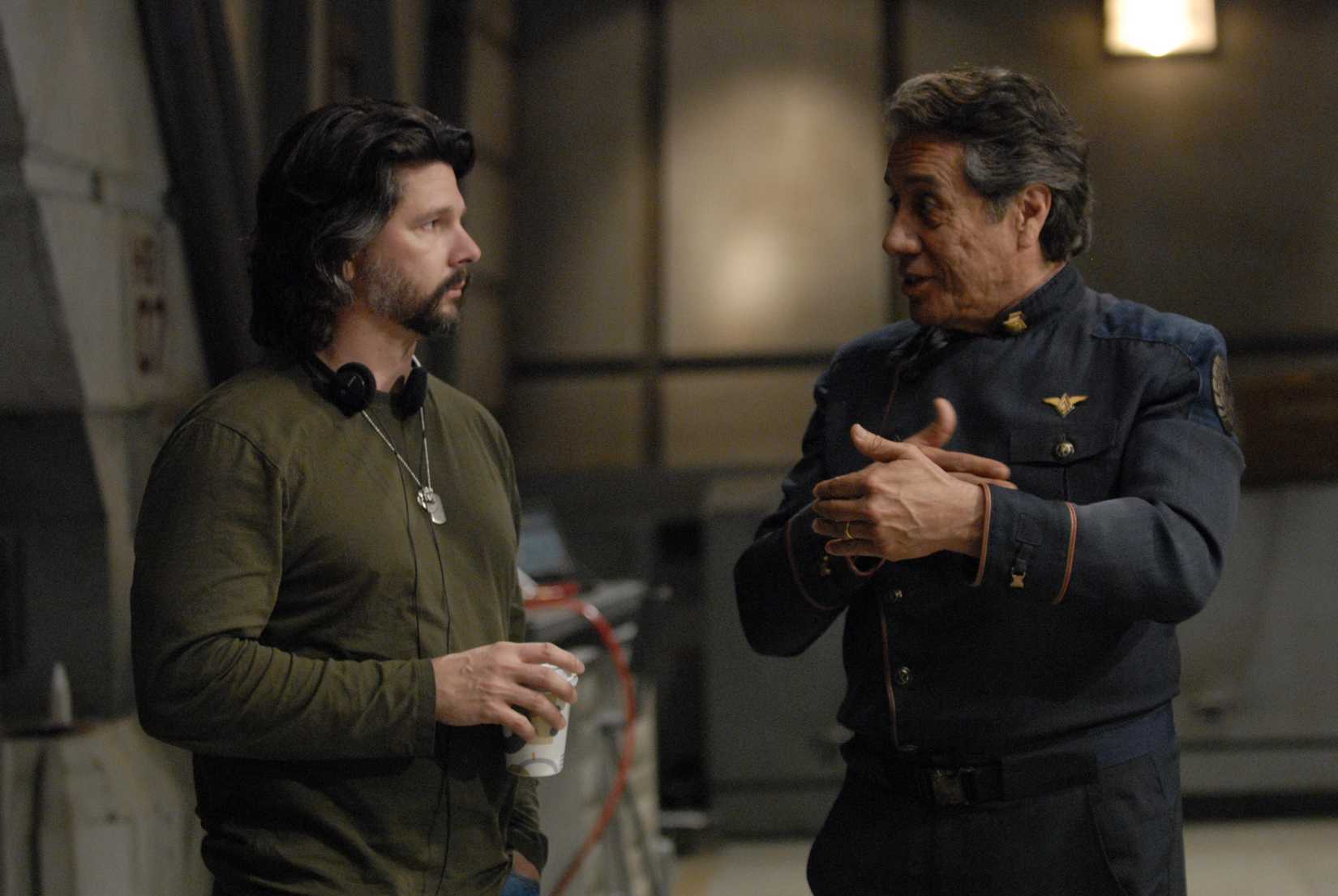 ronald d moore and edward olmos in battlestar galactica