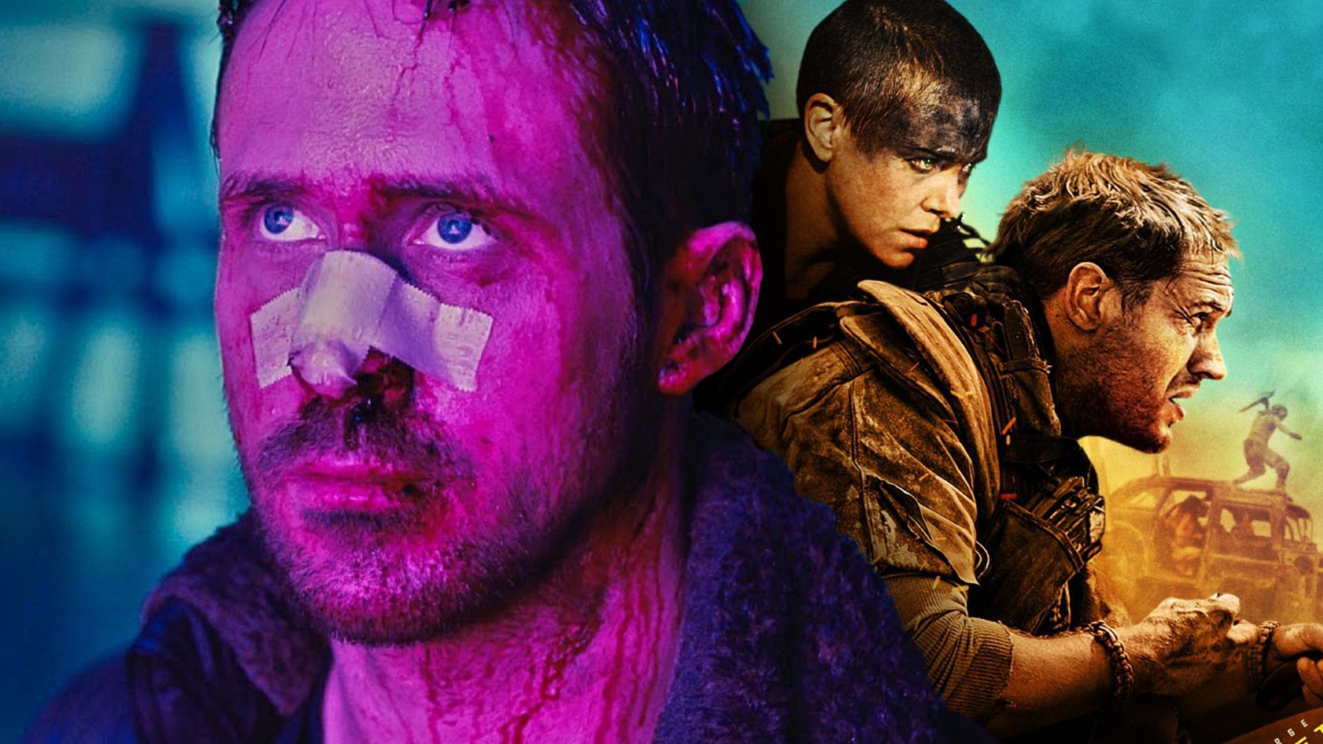 ryan gosling in blade runner 2049 and promo poster from mad max fury road
