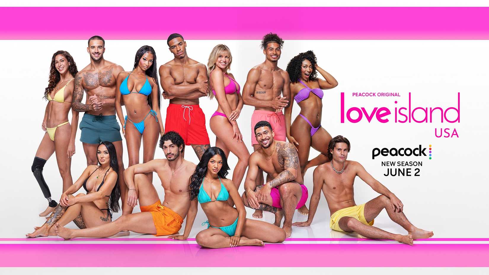 Love Island USA Season 8 Cast Portrait, featuring all of the Islanders in neon swimsuits.