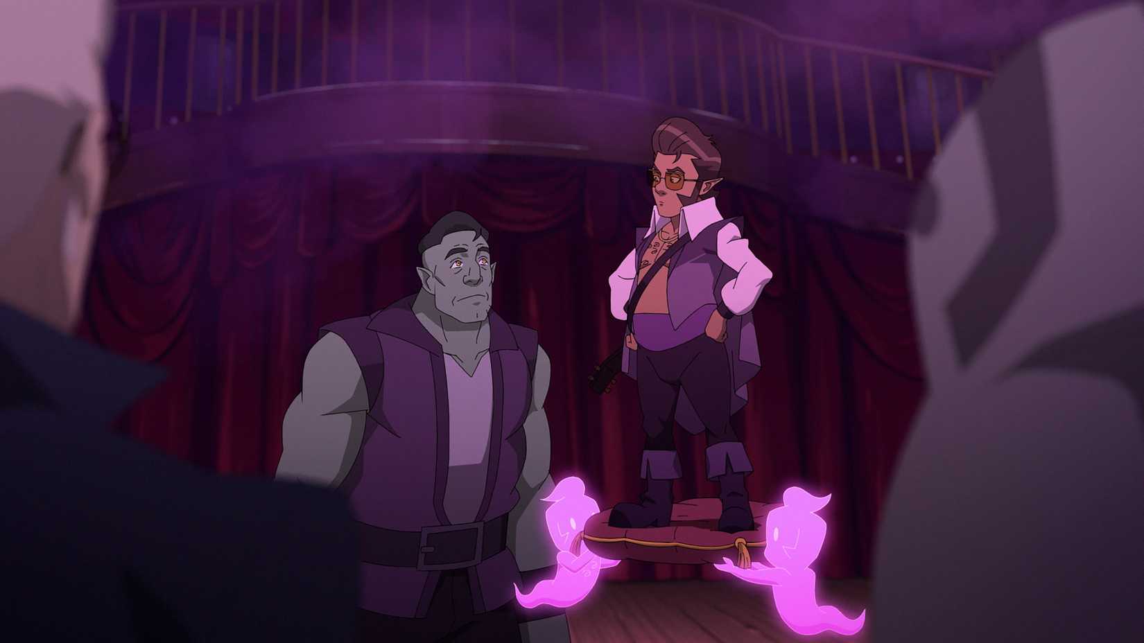 Scanlan looking dismissively down at Lionel while standing on a floating pillow in The Legend of Vox Machina season 4