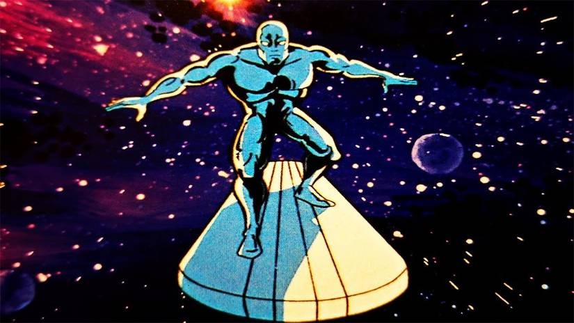 Silver Surfer riding through space in the animated series.