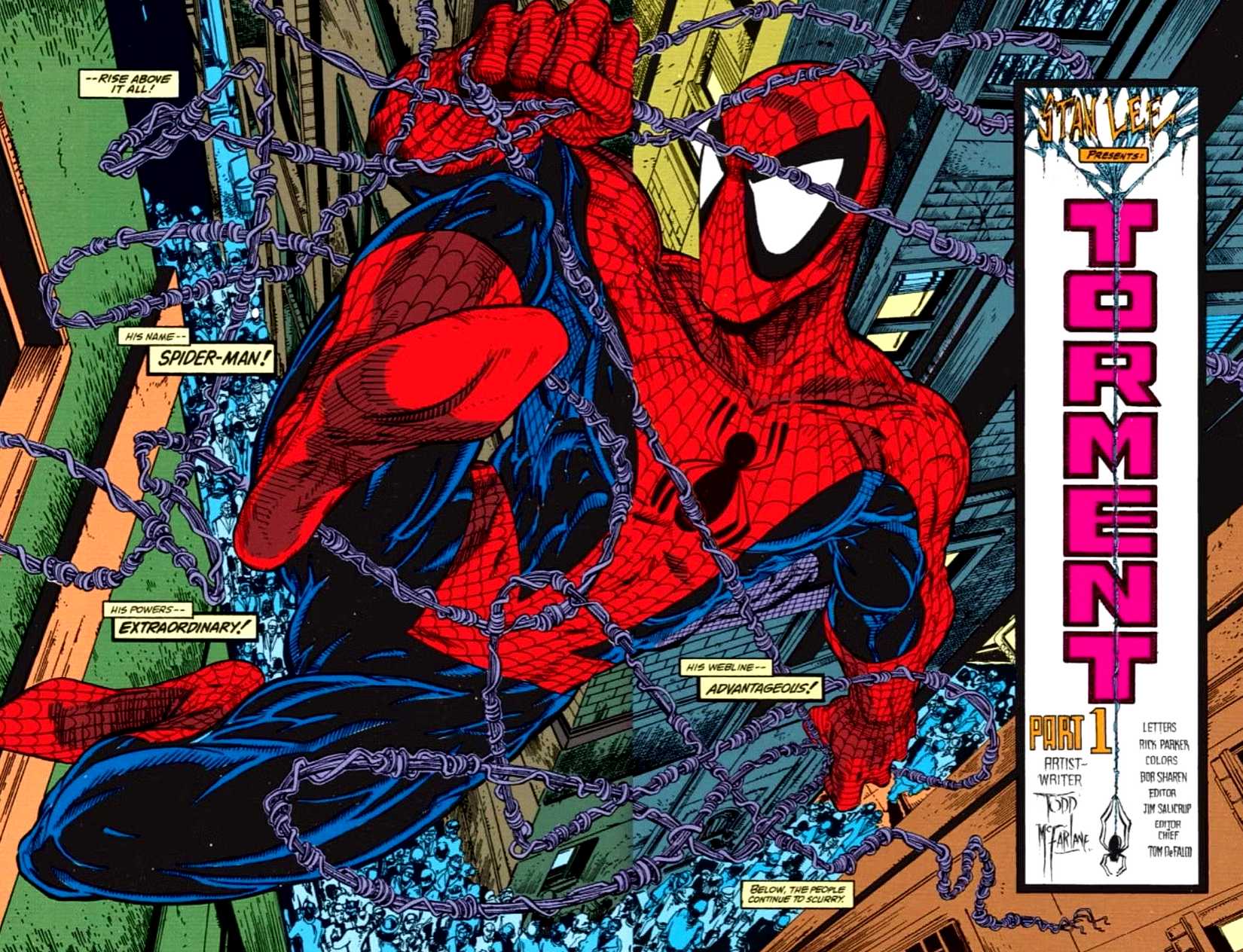 SPLASH PAGE SHOWING SPIDEY SWINGING THROUGH NYC IN SPIDER-MAN 1