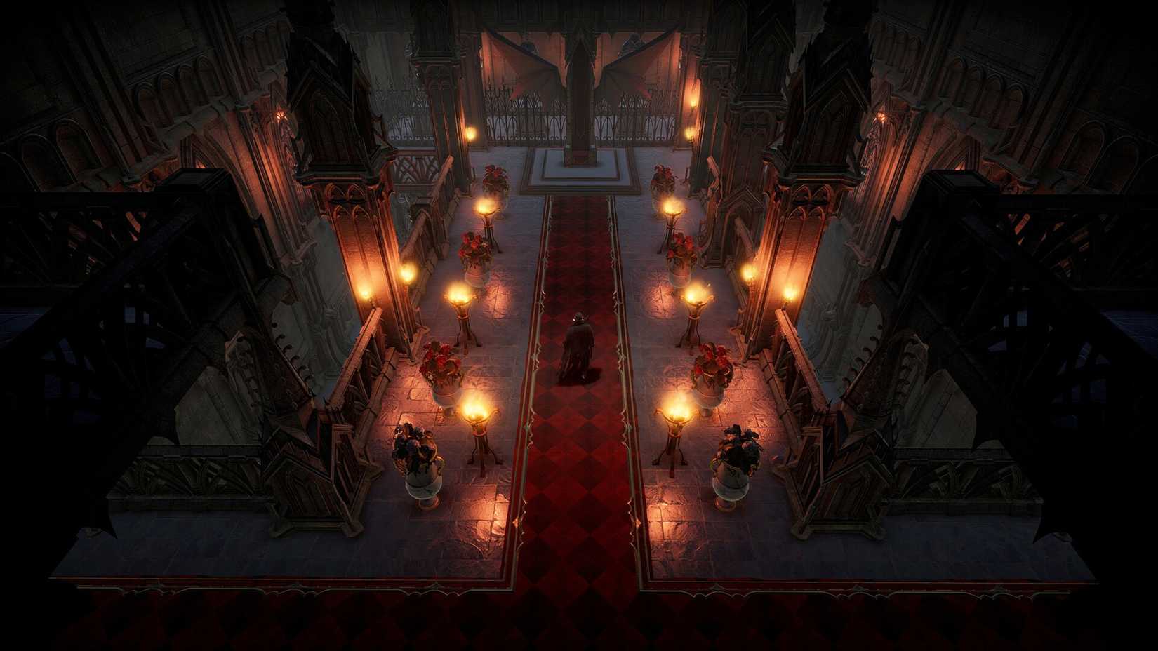 Gambar menunjukkan gameplay dari V Rising termasuk vampir di kastil mereka yang diterangi cahaya lilin