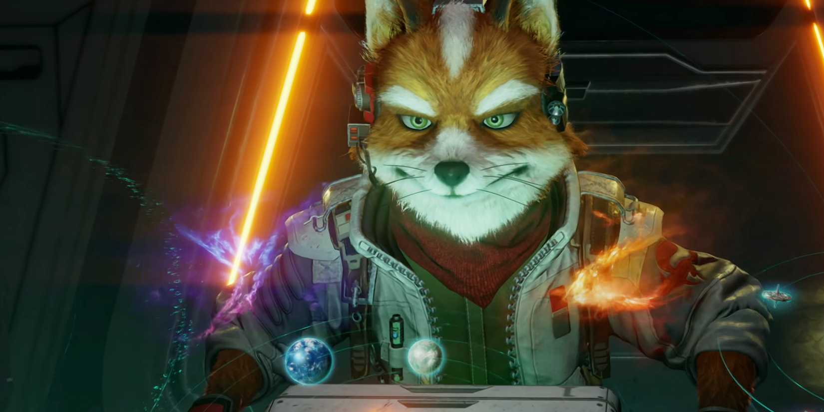 Fox McCloud looking at holograms of planets in the Lylat System in Star Fox (2026).