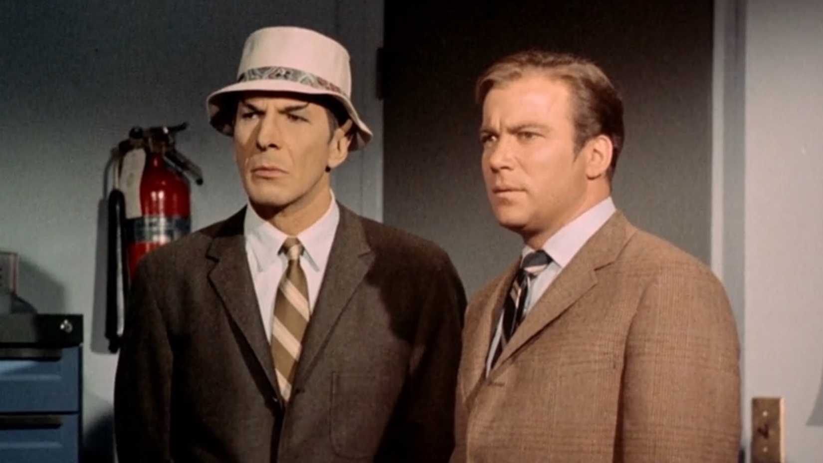 Kirk and Spock wearing 1960s clothing while undercover in the "Assignment: Earth" episode