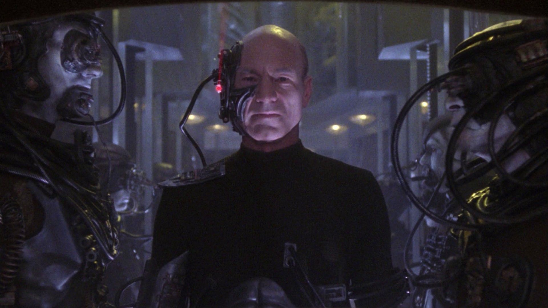 Locutus looks at the camera in Star Trek TNG episode "The Best of Both Worlds"