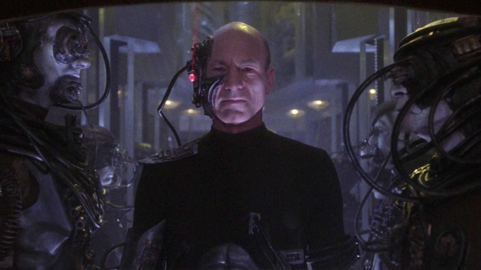 Locutus looks at the camera in Star Trek TNG episode "The Best of Both Worlds"