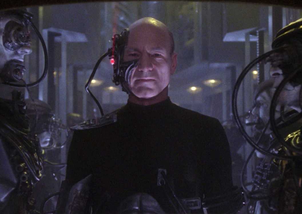 Locutus looks at the camera in Star Trek TNG episode "The Best of Both Worlds"