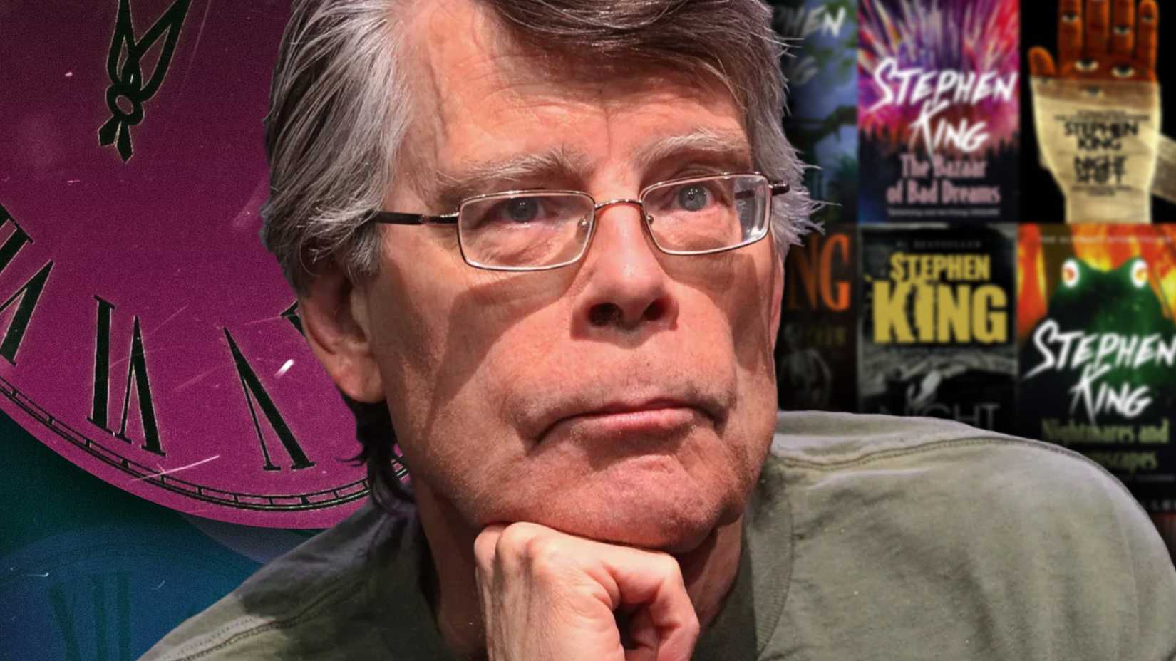 stephen king with a bunch of books and clocks