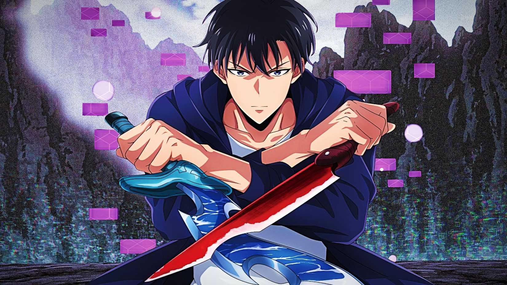 Sung Jinwoo from Solo Leveling holding Sunraku's daggers in front of Shangri-La Frontier background