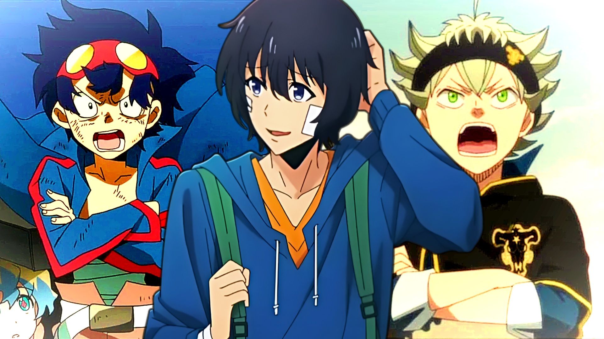 Sung Jinwoo from Solo Leveling in front of Simon from Gurren Lagann and Asta from Black Clover