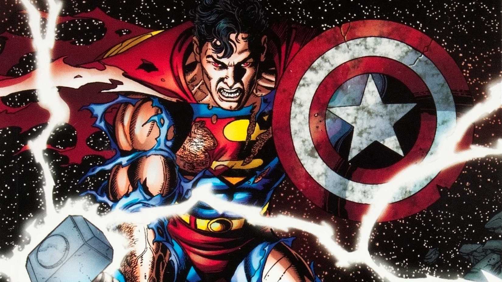 Superman wields Captain America's shield and Thor's Mjolnir