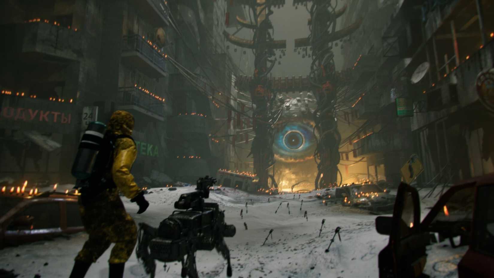Supreme Experiment screenshot of the main character in an abandoned street with a giant eyeball staring at them