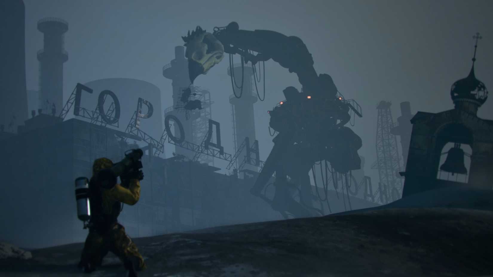 Supreme Experiment screenshot of the main character preparing to shoot at a mechanical giraffe creature