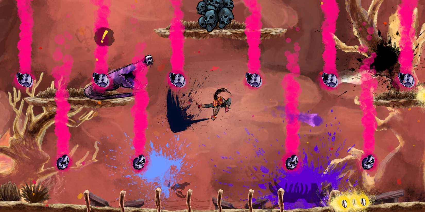 Talaka fights enemies and avoids falling projectiles during combat.