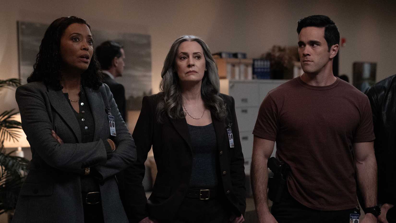 Tara Lewis, Emily Prentiss, and Tyler Green in Criminal Minds season 18.