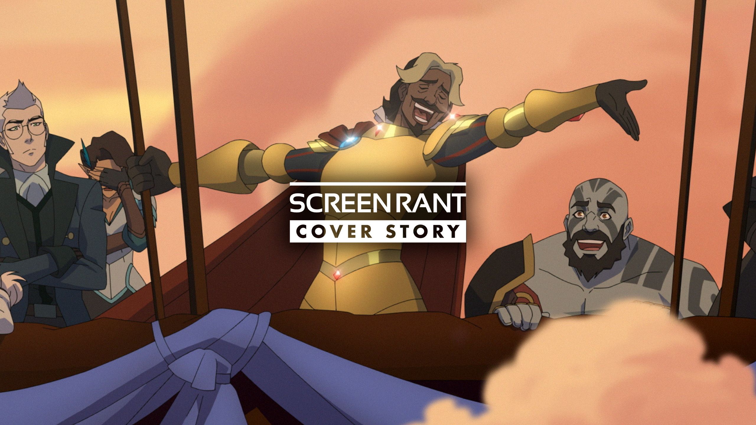 Tary cantando en una aeronave mientras el grupo parece avergonzado en The Legend of Vox Machina temporada 4_cover