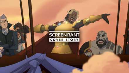 Tary cantando en una aeronave mientras el grupo parece avergonzado en The Legend of Vox Machina temporada 4_cover