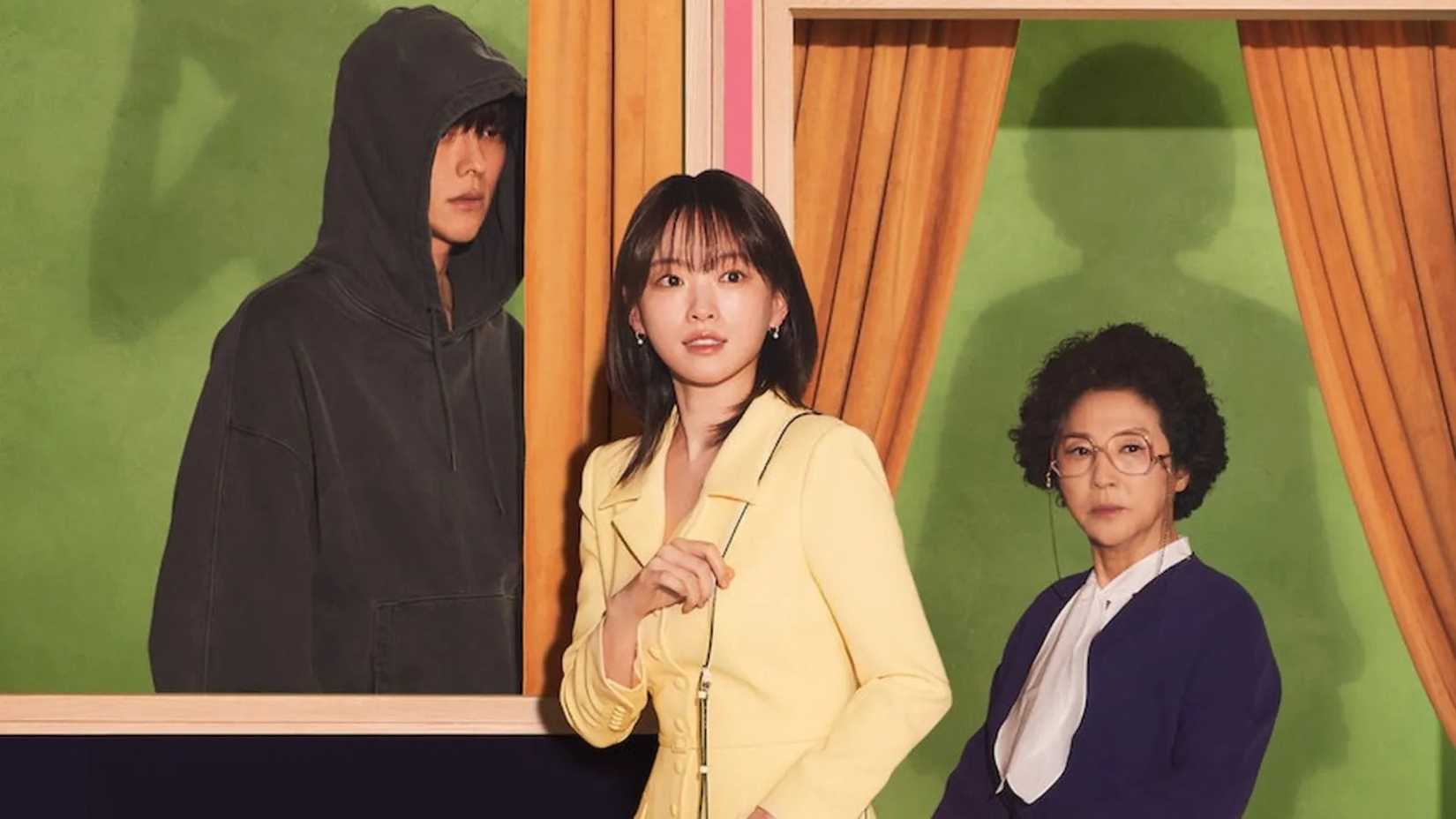 A man, a young woman, and an old woman in a colorful set in the K-drama The Atypical Family.