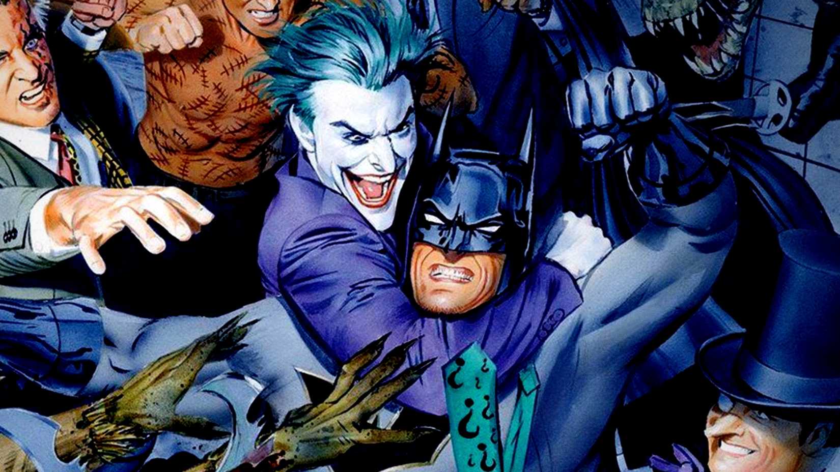 The Joker and Batman's rogues gallery attack the Dark Knight in DC Comics art