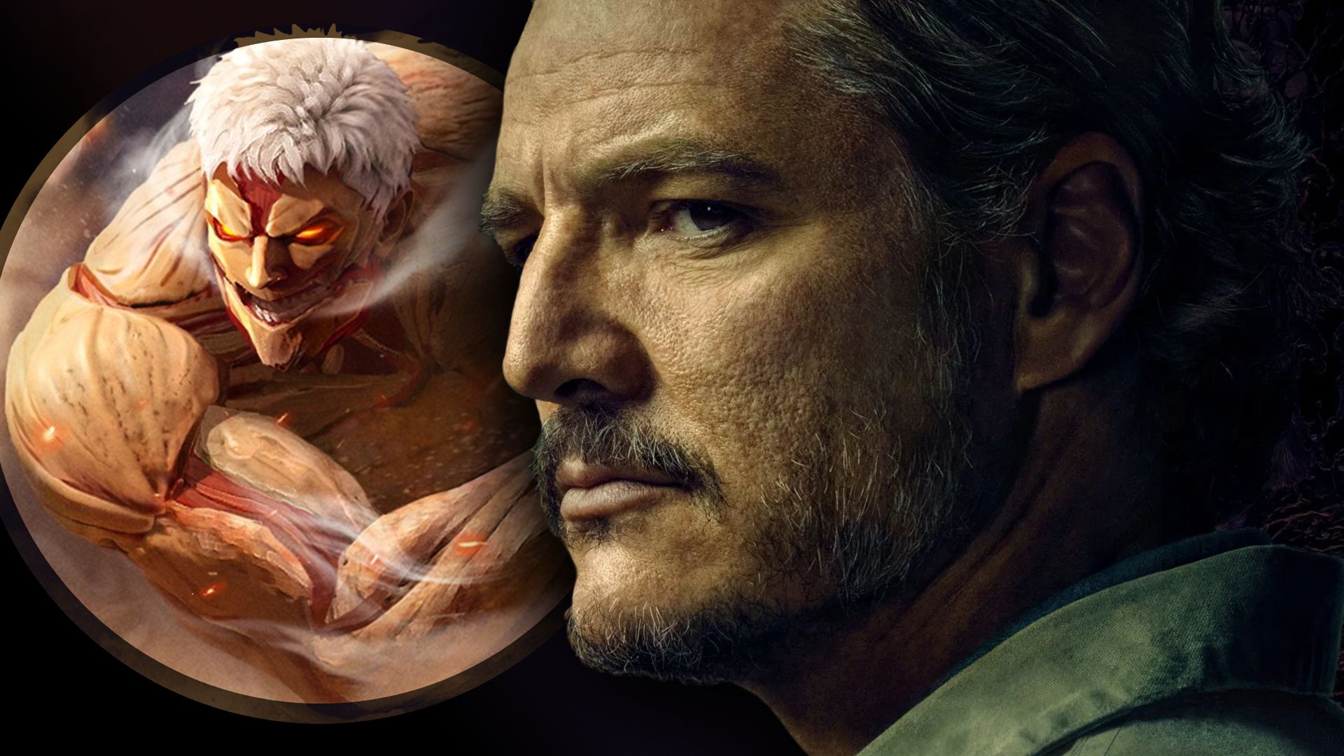 the last of us' pedro pascal with an attack on titan titan behind him