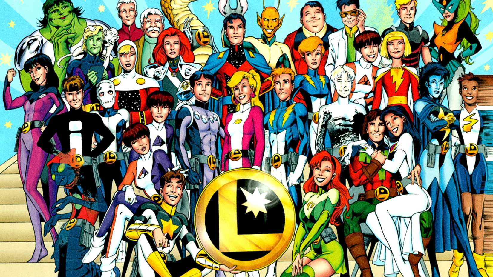 The Legion of Super-Heroes pose for a photo together