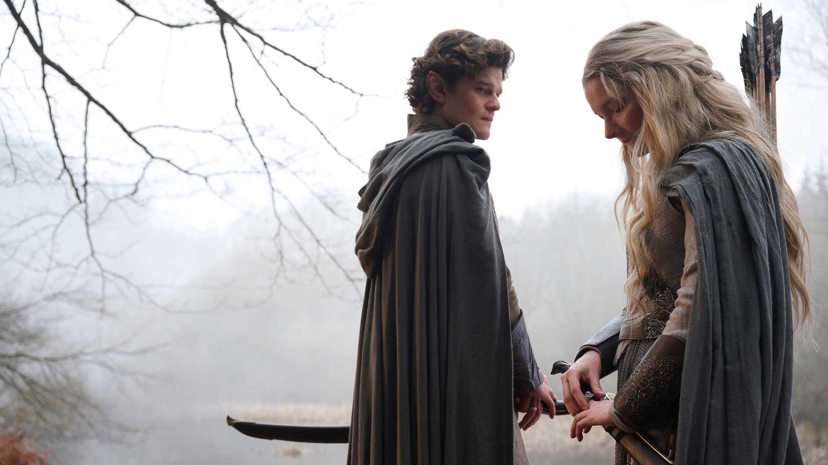  The Rings Of Power still featuring Morfydd Clark as Galadriel and Robert Aramayo as Elrond.