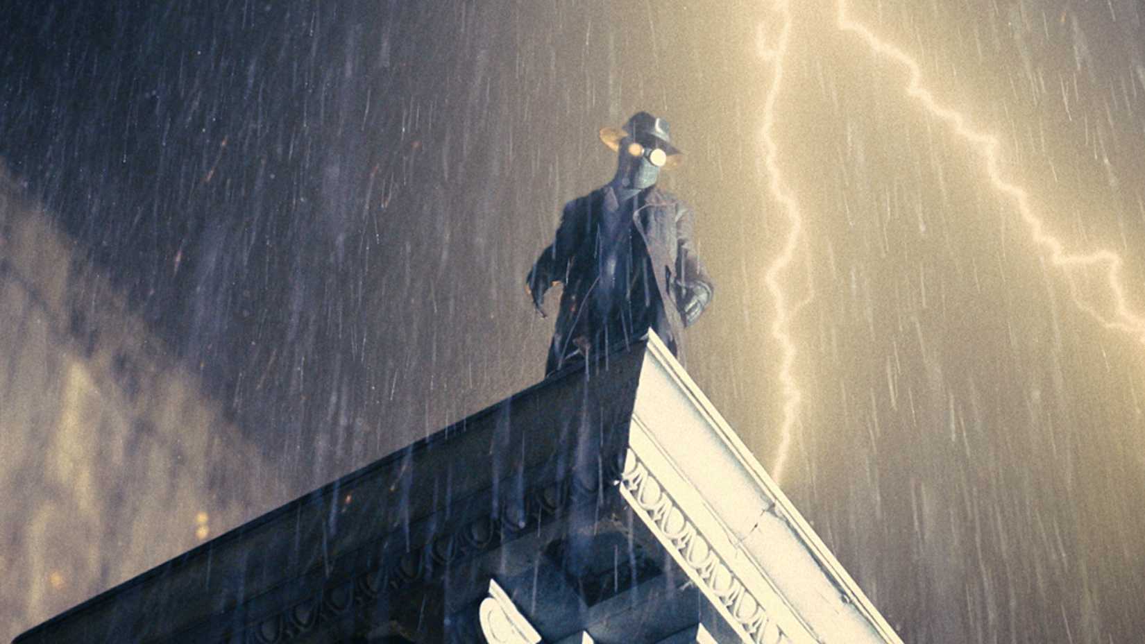 The Spider in Spider-Noir standing on top of a building with a strike of lightning 