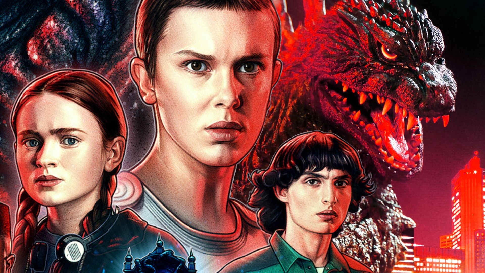the stranger things kids and godzilla being buddies