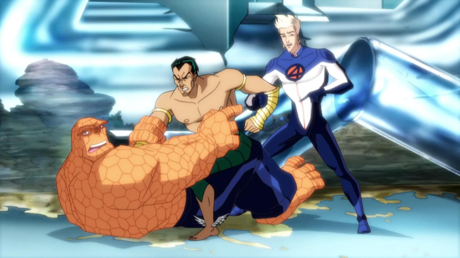 The Thing and the Human Torch fighting Namor in Fantastic Four World's. Greatest Heroes.