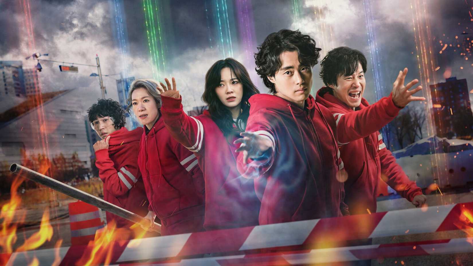 The main characters of The Uncanny Counter showing off their powers.