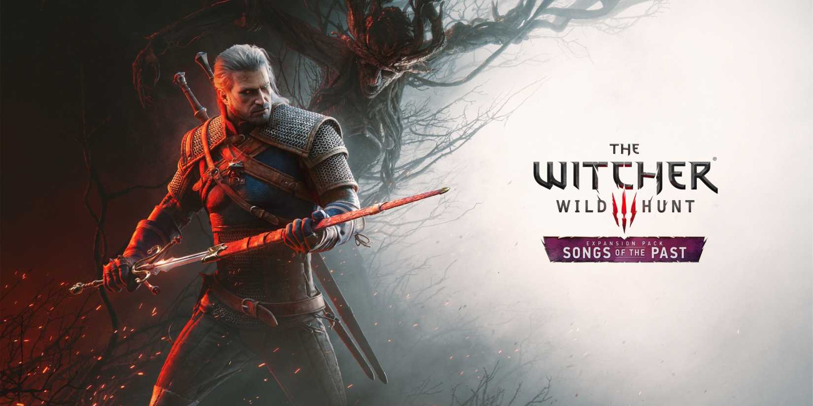 Key art for The Witcher 3 Songs of the Past, showing Geralt holding a sword, flanked by a tree-like monster.