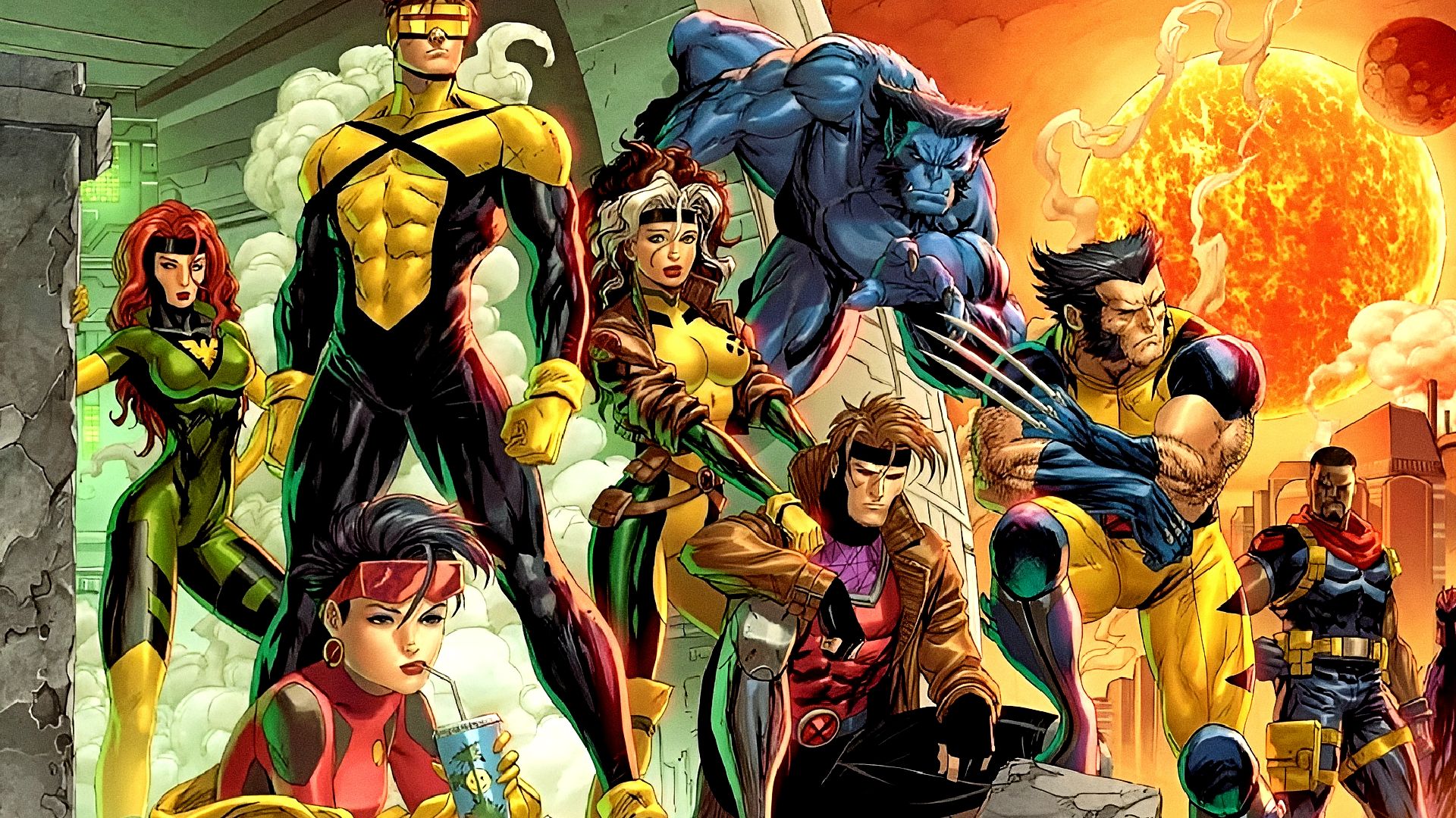 The X-Men assemble for a team picture in a battlefield