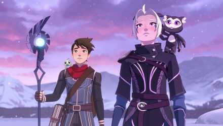 Two people stand together looking scared in The Dragon Prince season 6 episode 9