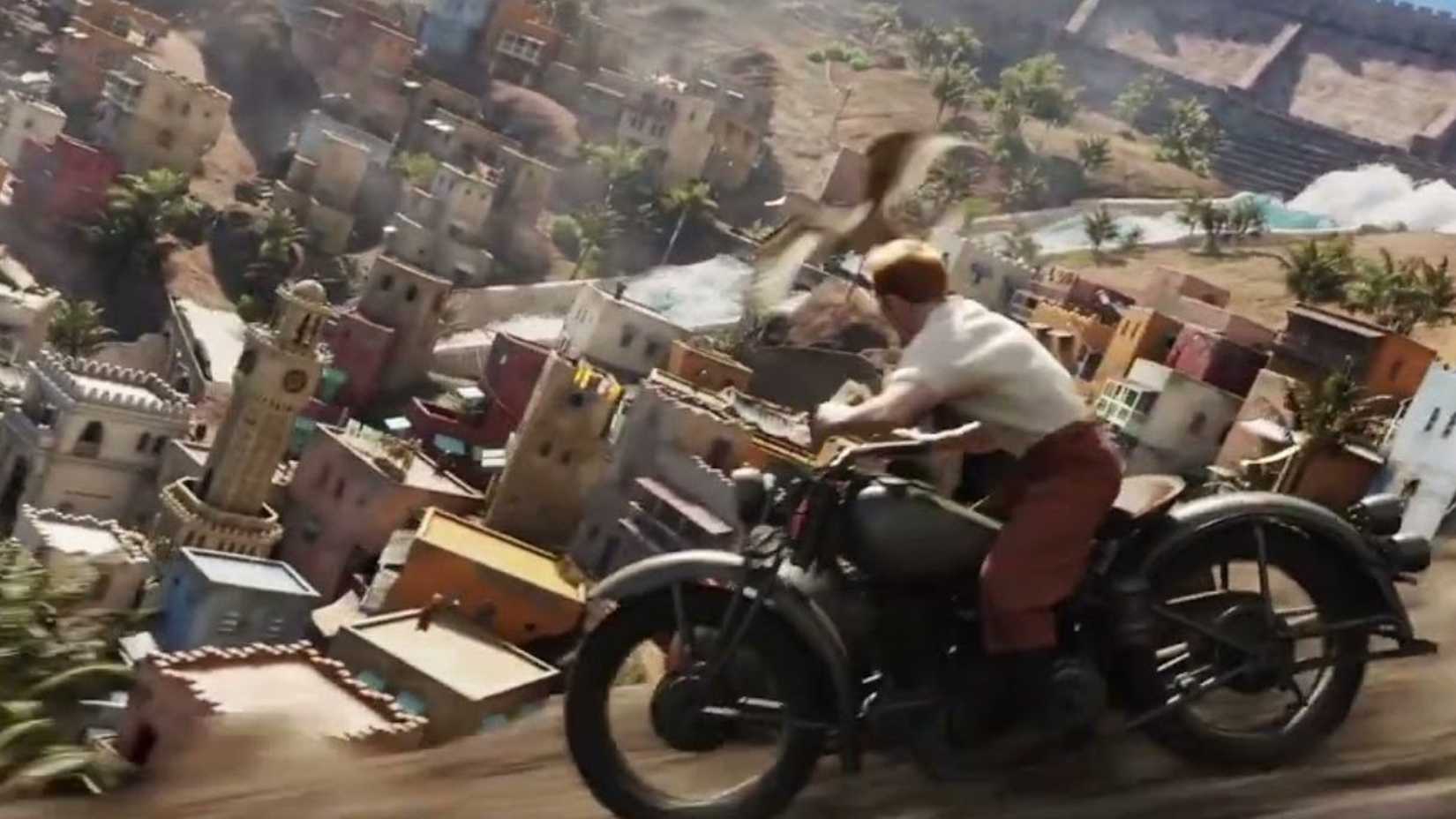 Tintin on a motorbike racing toward a city in The Adventures of Tintin