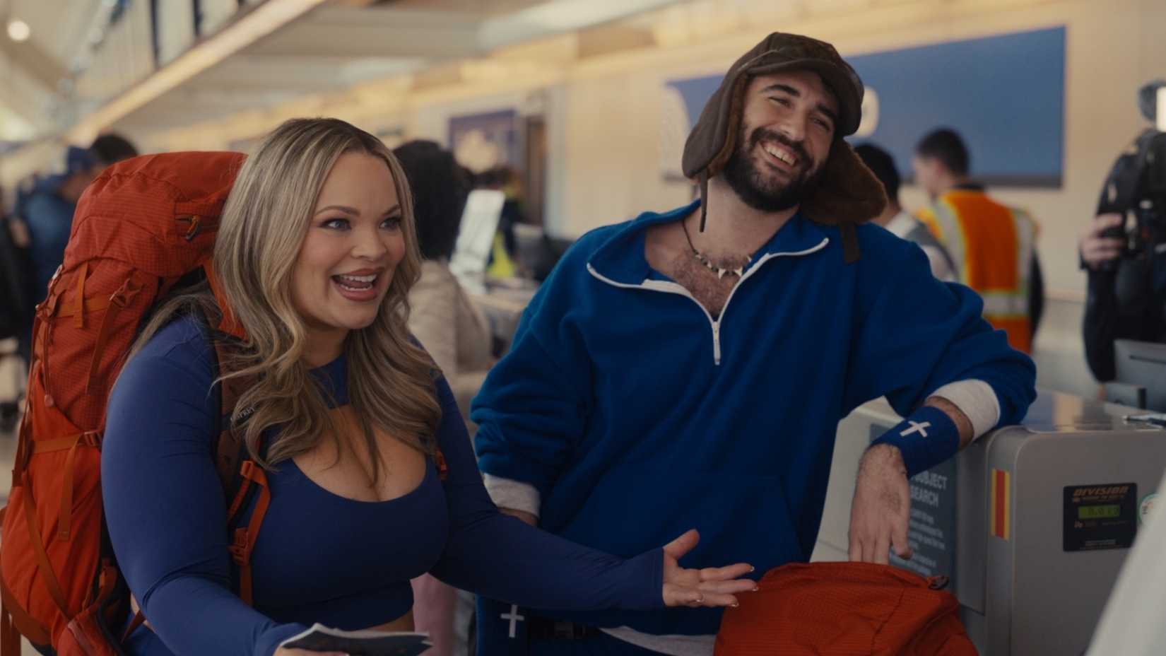 Trisha Paytas and Jordan Firstman smiling in Hacks season 5 Amazing Race episode