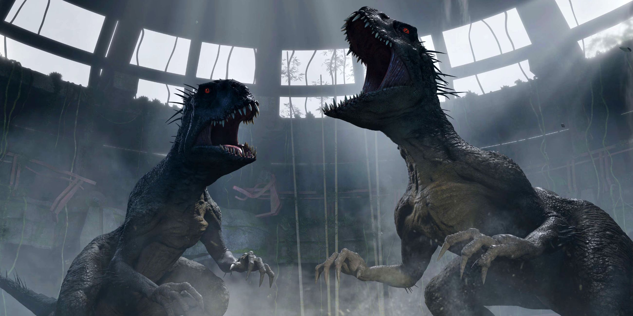Two Scorpios Rexes roar in the fog in Jurassic World: Camp Cretaceous