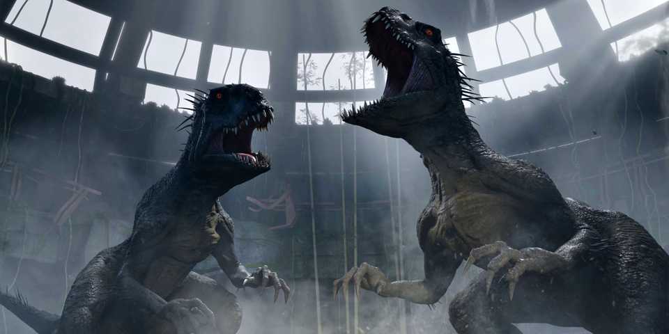 Two Scorpios Rexes roar in the fog in Jurassic World: Camp Cretaceous